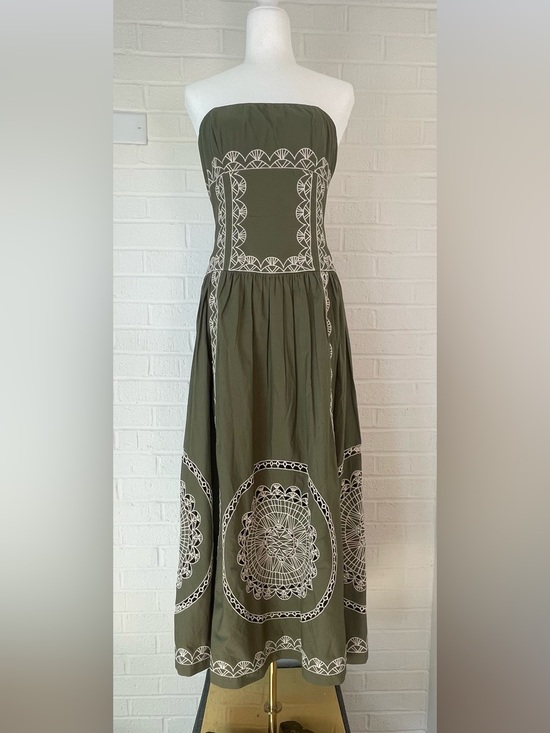 Anthropologie Dresses & Skirts - Anthropologie Strapless Olive Green Embroidered Cotton Midi Dress NWT Small